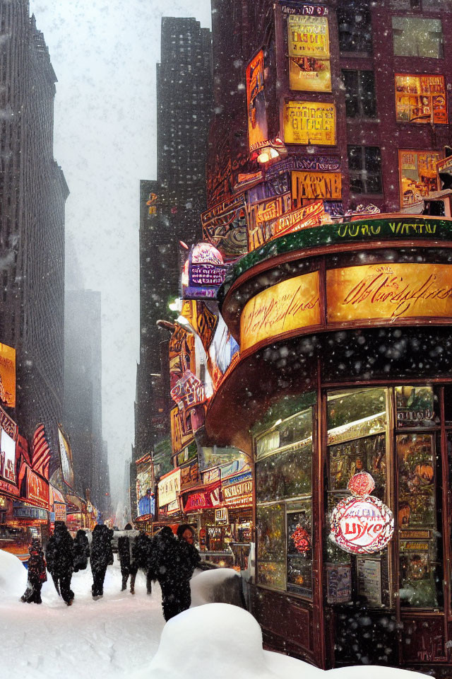 Snow-covered city street with neon signs and corner eatery