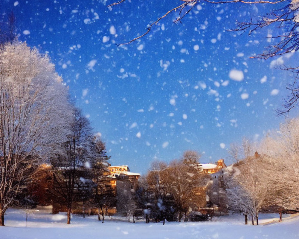 Snow-covered landscape at dusk with falling snowflakes and buildings in the background