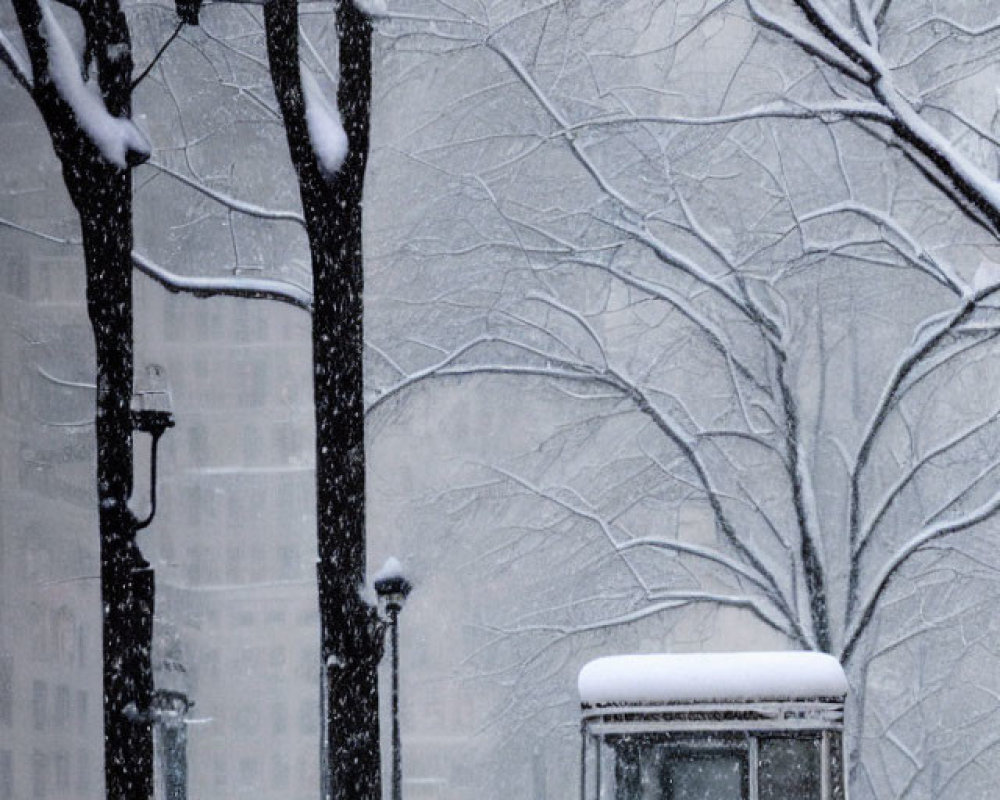 Snow-covered trees, bench, street lamp, and food cart in city park during heavy snowfall