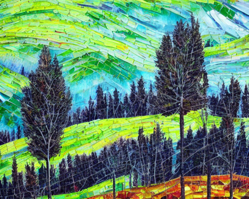 Colorful expressionist painting of trees, sky, and fields