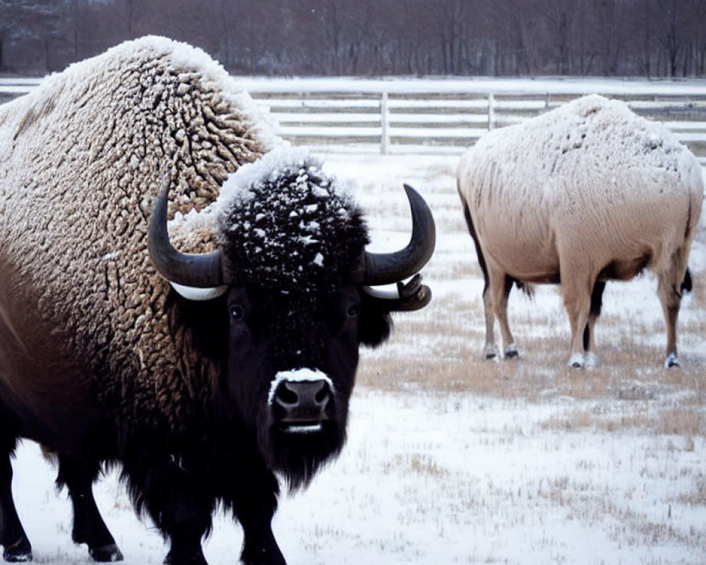 Two bison with thick fur in snowy field with bare trees and fences