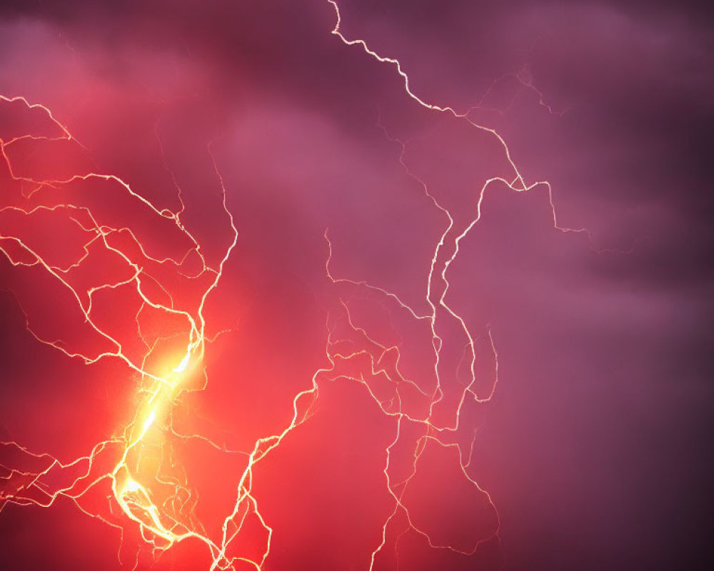 Branching Lightning in Deep Red and Purple Stormy Sky