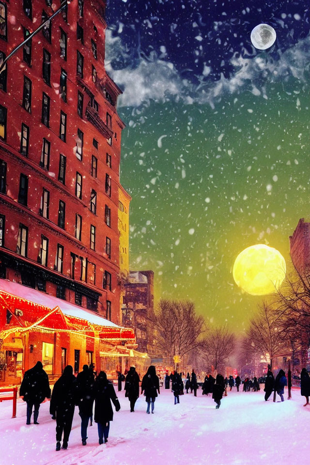 Snowfall night scene: city street, people walking, illuminated buildings, large moon in sky