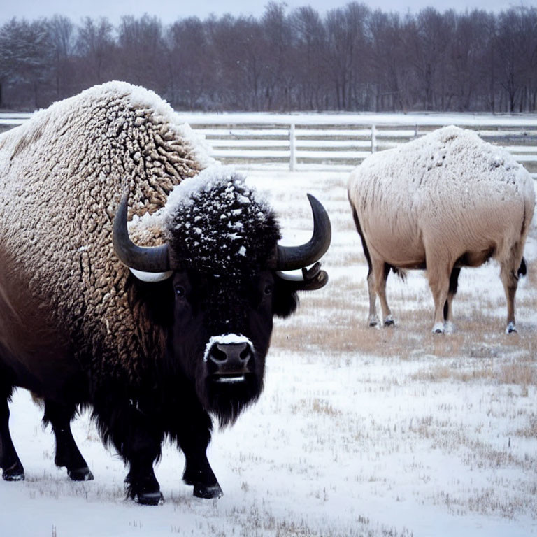 Two bison with thick fur in snowy field with bare trees and fences