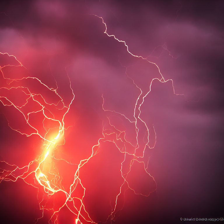 Branching Lightning in Deep Red and Purple Stormy Sky