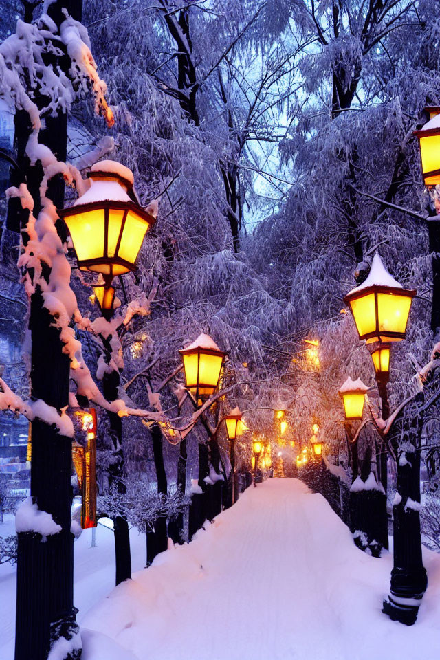 Snowy Twilight Scene with Glowing Street Lamps and Snow-Covered Trees