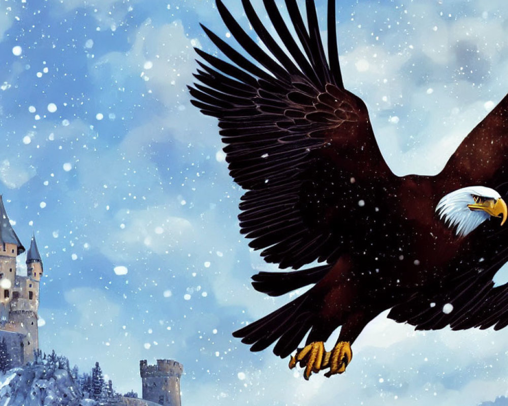 Majestic eagle soaring over snowy castle landscape