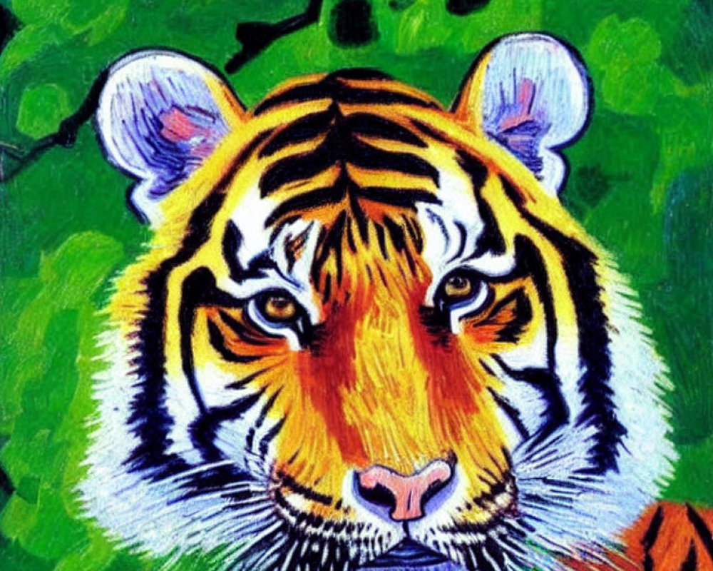 Colorful Tiger Head Painting with Bold Green, Orange, and White Strokes