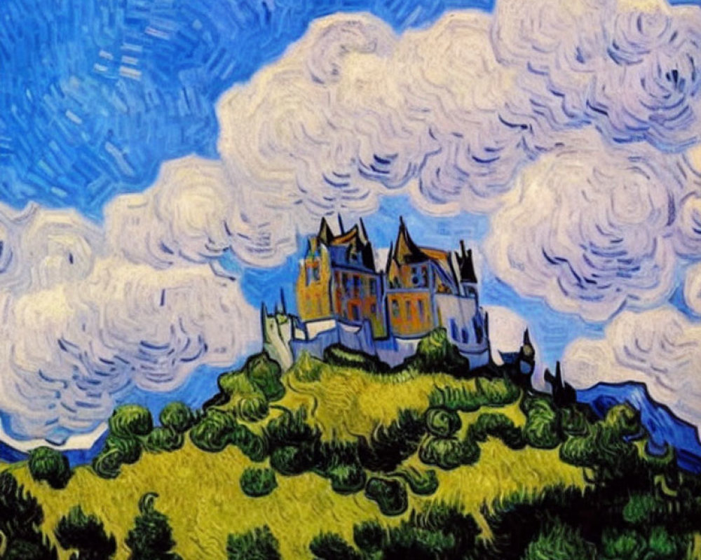 Castle on Hill: Vibrant Painting with Swirling Sky