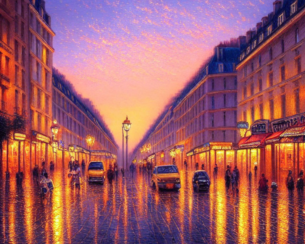 Illuminated Shop Fronts and Silhouettes on Wet Cobblestones