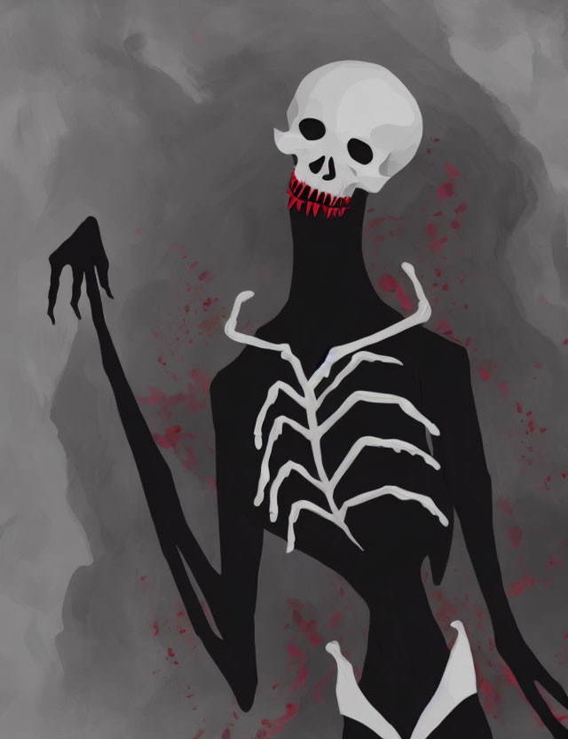 Detailed illustration of a grinning skull-headed skeletal creature with black body, bone-white details, holding a