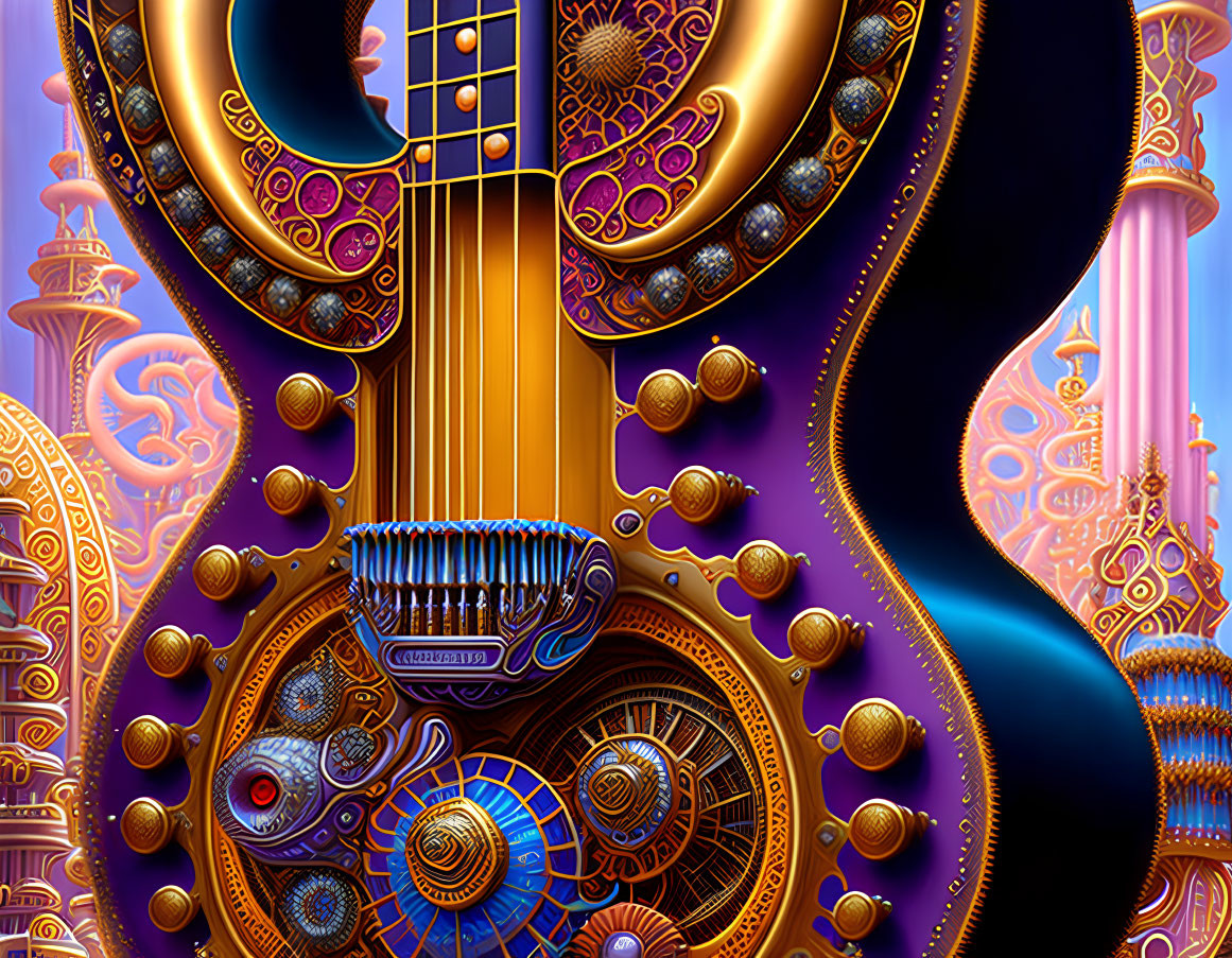 Detailed Digital Artwork of Ornate Musical Structure with Golden Gears, Strings, and Elaborate