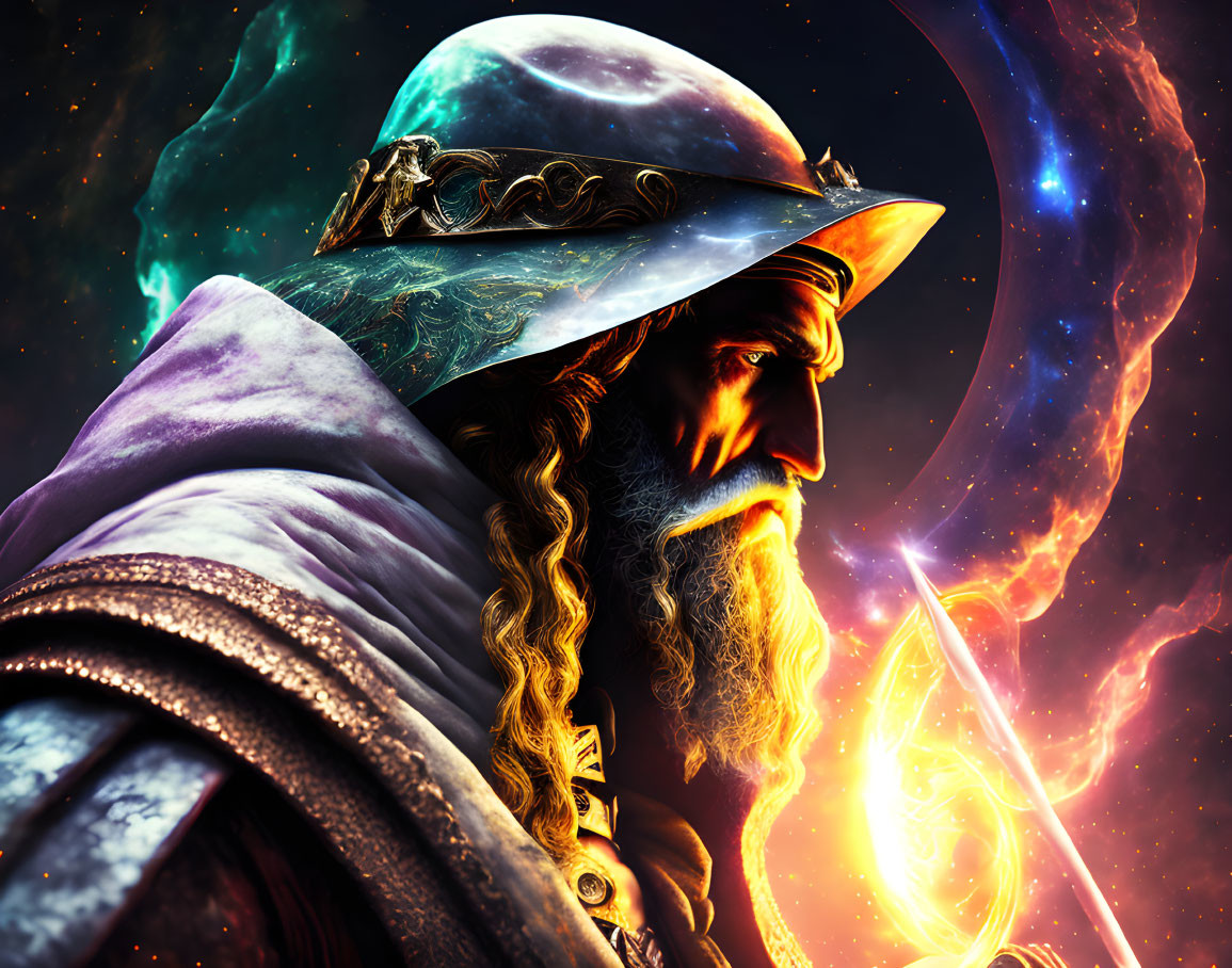 Bearded wizard with pointed hat studying magical symbol in cosmic setting