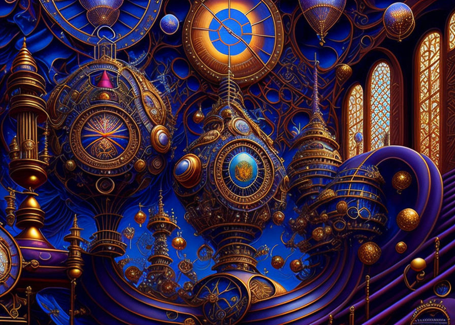 Steampunk-inspired machinery with gears and golden-hued pipes on deep blue background