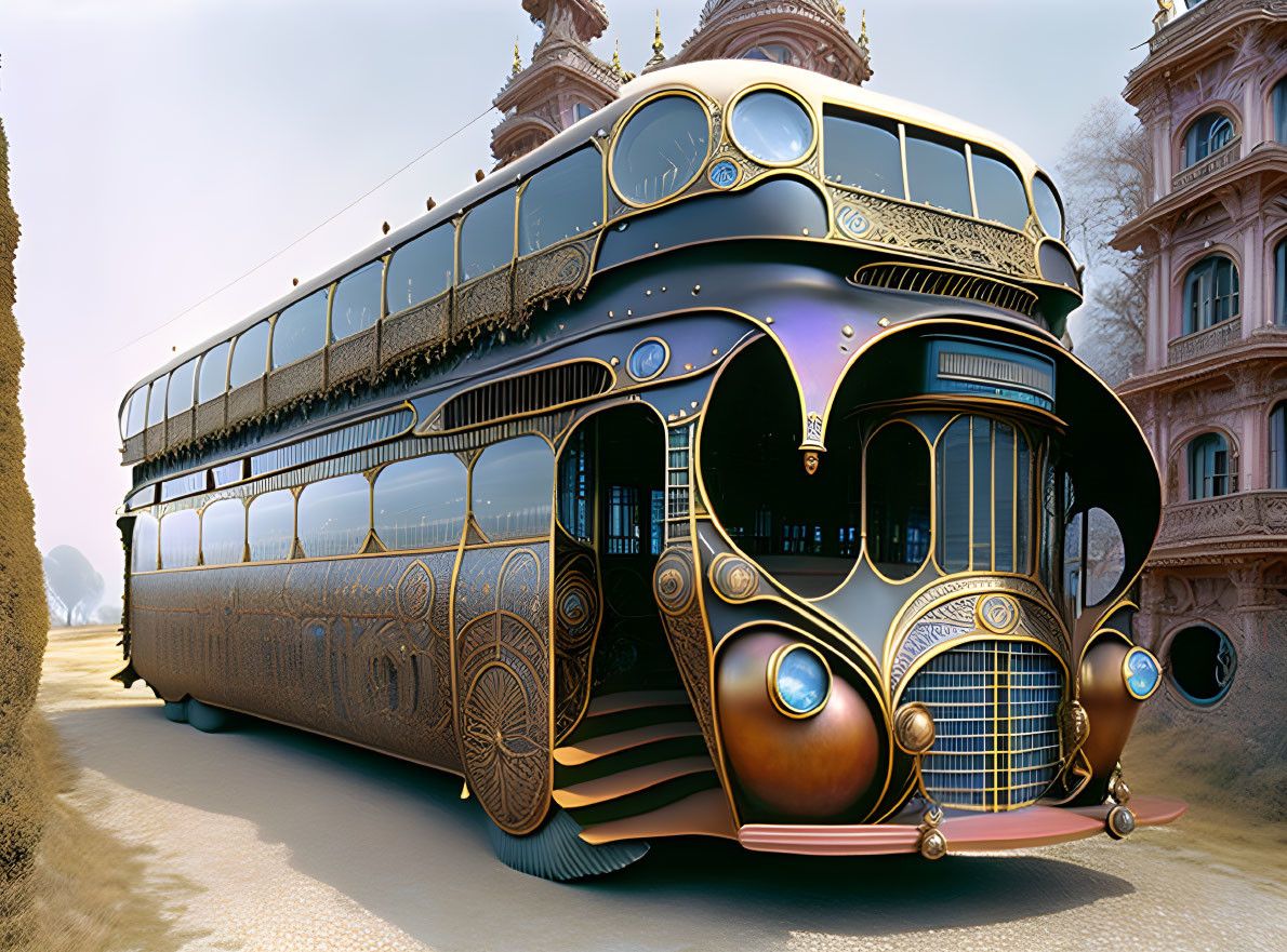 Steampunk-inspired double-decker bus with ornate metalwork on reflective surfaces.