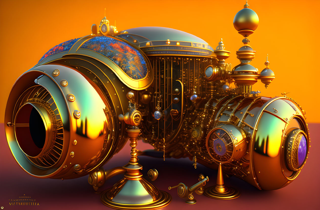 Complex 3D Rendering of Ornate Machine in Gold and Blue Hues