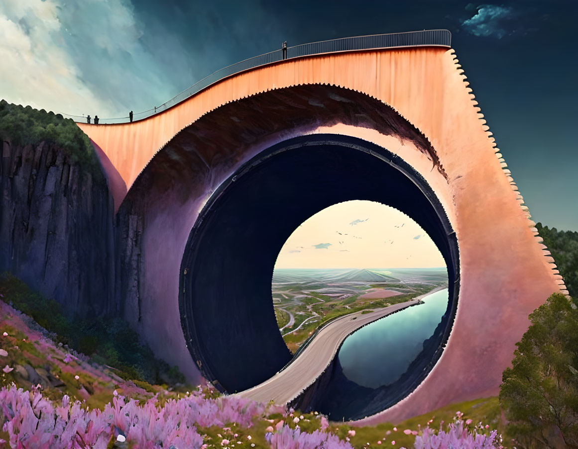Surreal looping bridge over scenic landscape and calm river