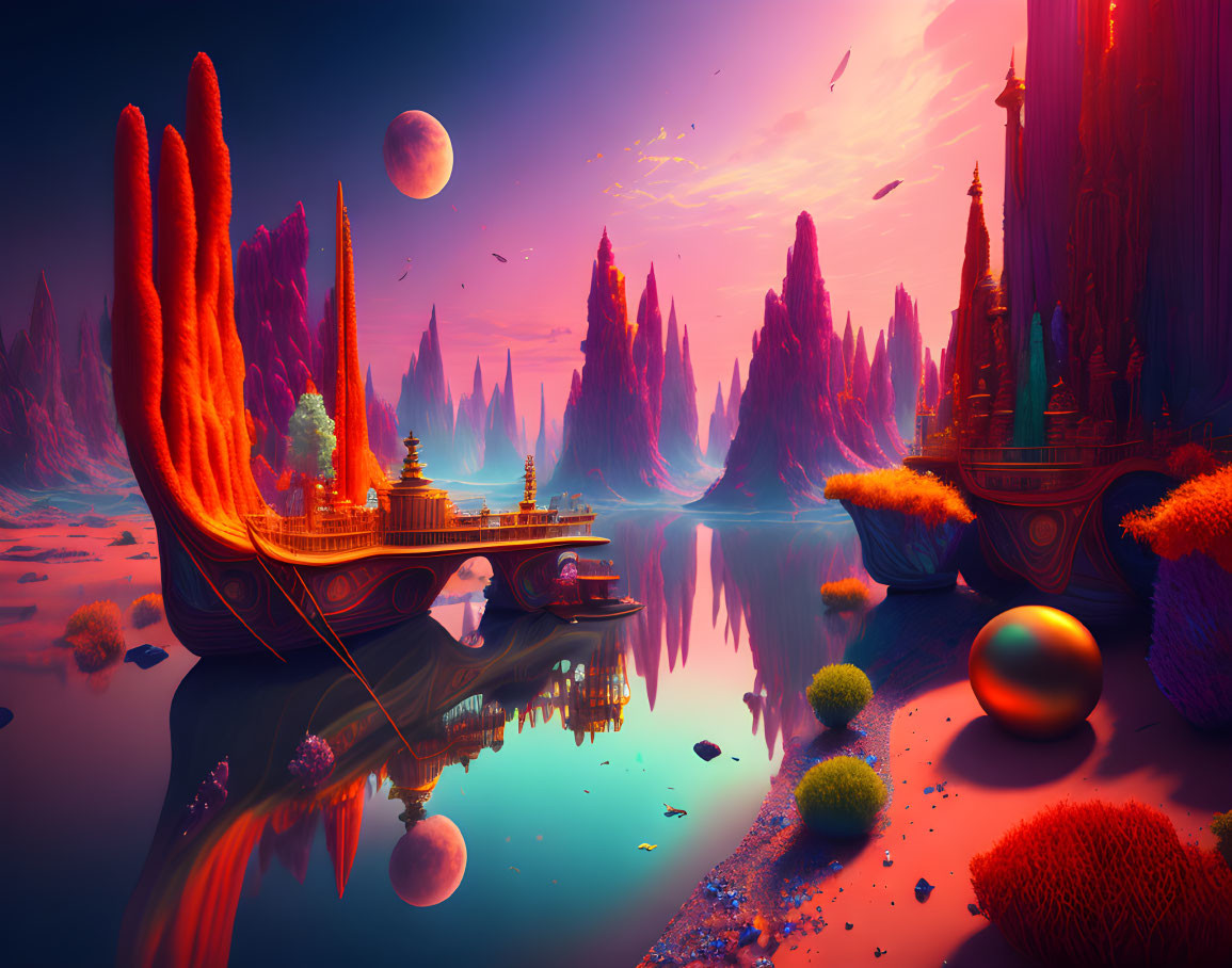 Colorful fantasy landscape with spires, orbs, and ships against alien planets & reflective water.