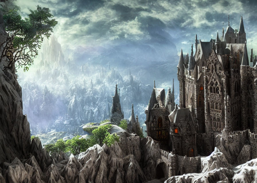 Gothic-style castle on rugged cliffs with forested mountains.
