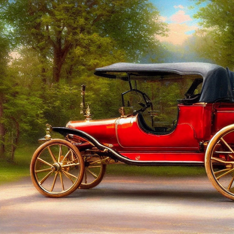 Vintage Red Automobile with Brass Fittings and Spoked Wheels on Tree-Lined Road