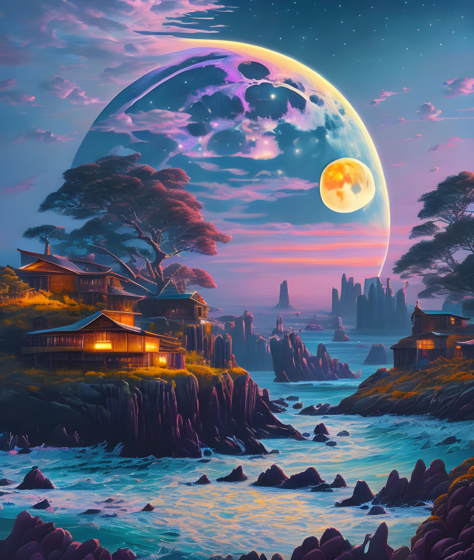 Seaside Landscape at Dusk with Traditional Houses, Trees, and Vivid Moon