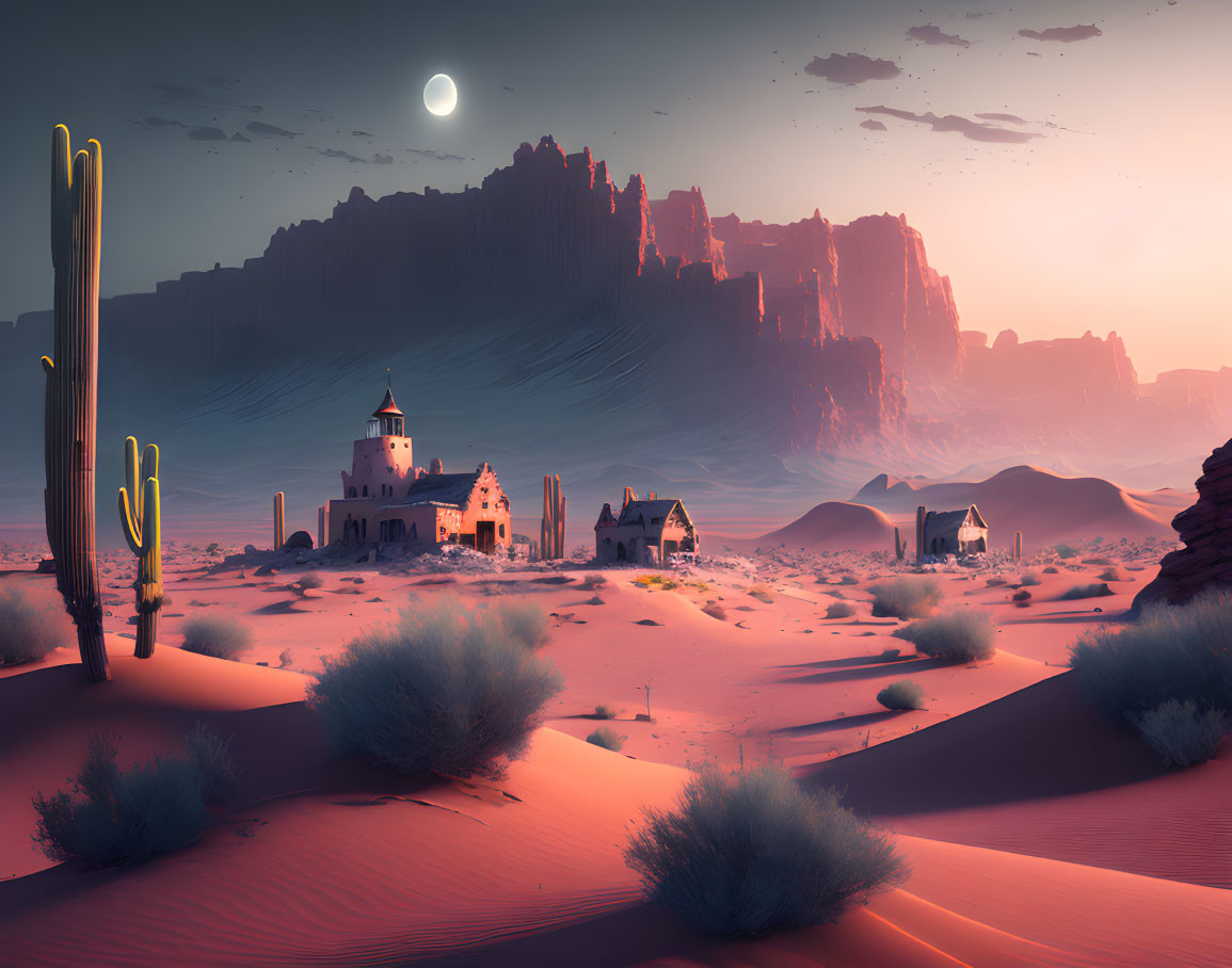 Desert Dusk Landscape with Lighthouse, Moon, Buildings, Cacti, and Dunes