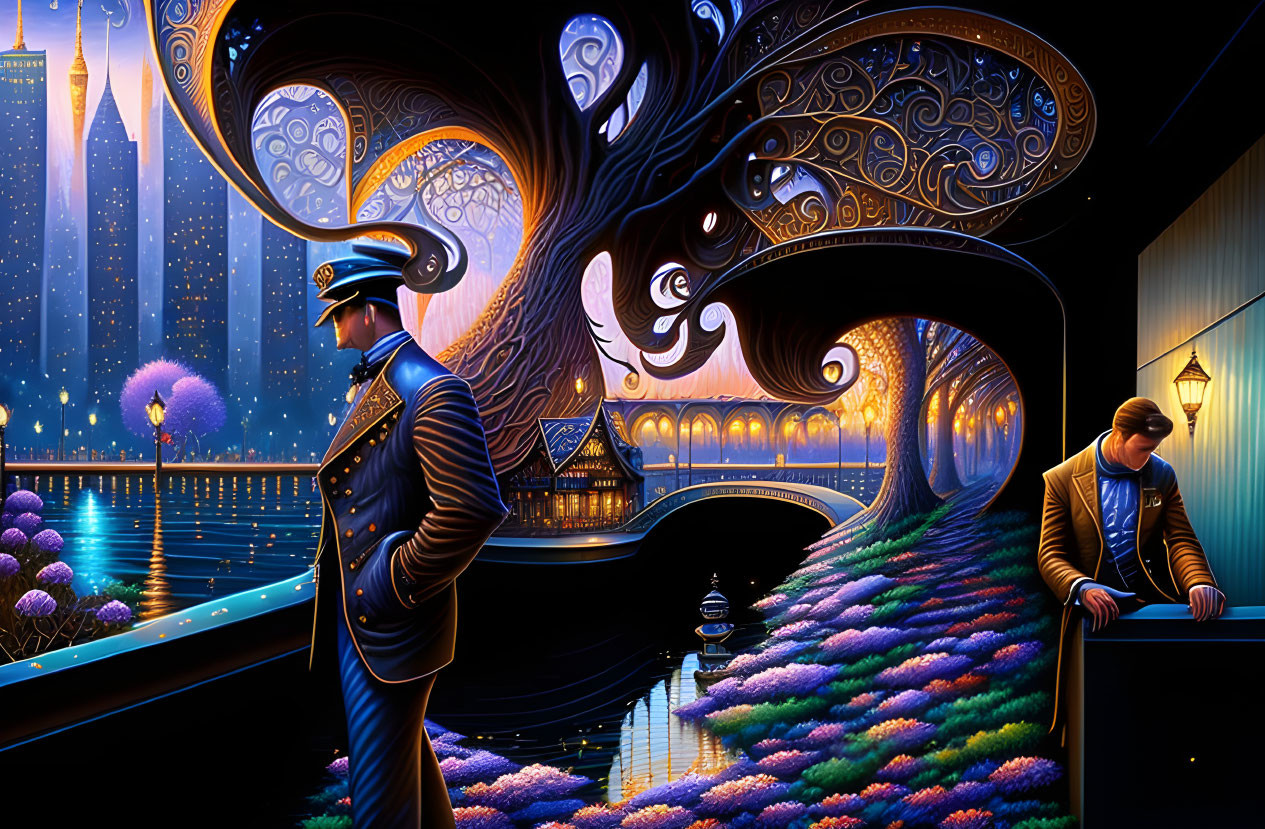 Colorful illustration of two men in suits by a whimsical tree and cityscape at night