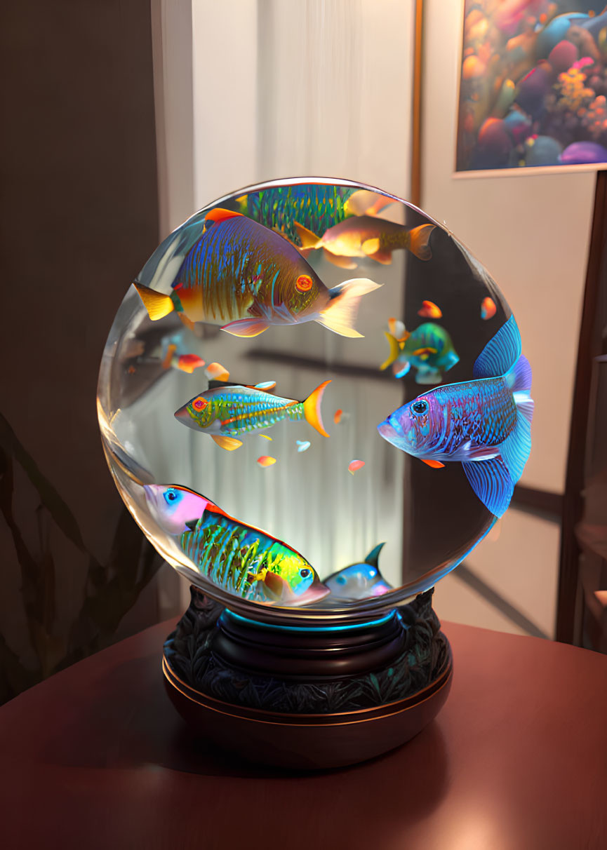 Colorful Tropical Fish in Round Aquarium on Wooden Stand