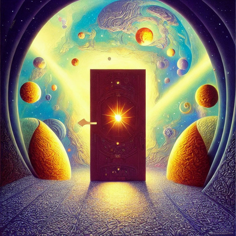 Fantastical artwork: Glowing door, celestial bodies, sculptures, cosmic gateway