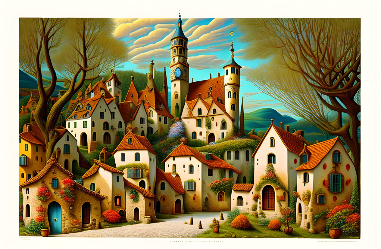 Colorful village painting with clock tower and swirling sky