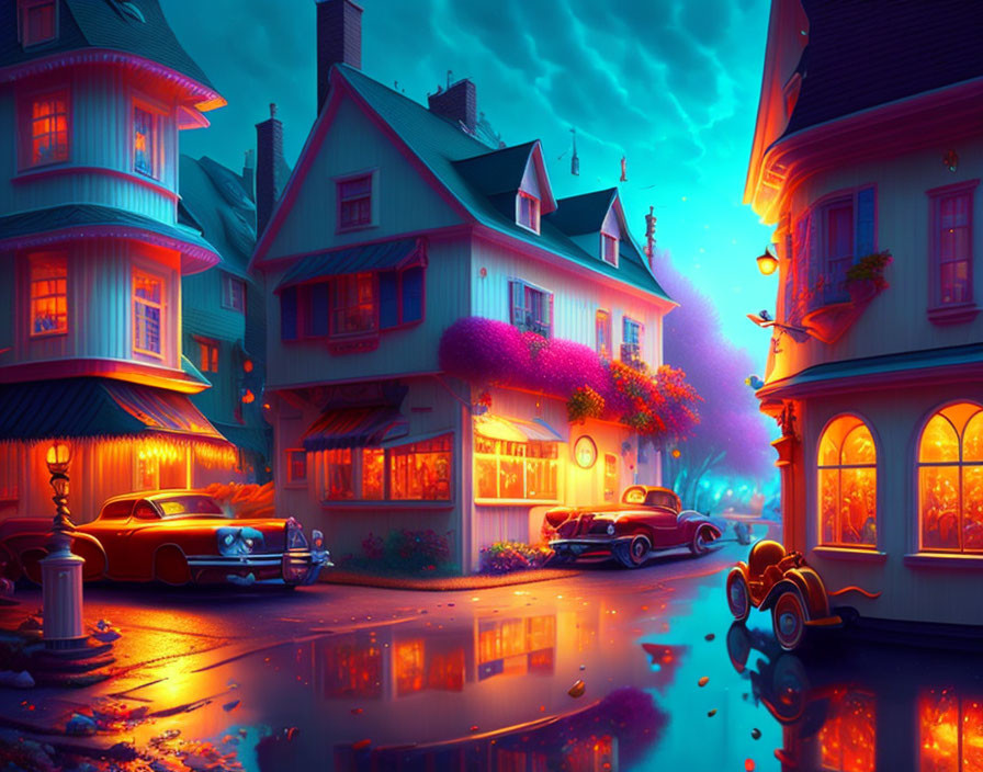 Charming Twilight Scene: Colorful Houses, Vintage Cars, Neon Signs