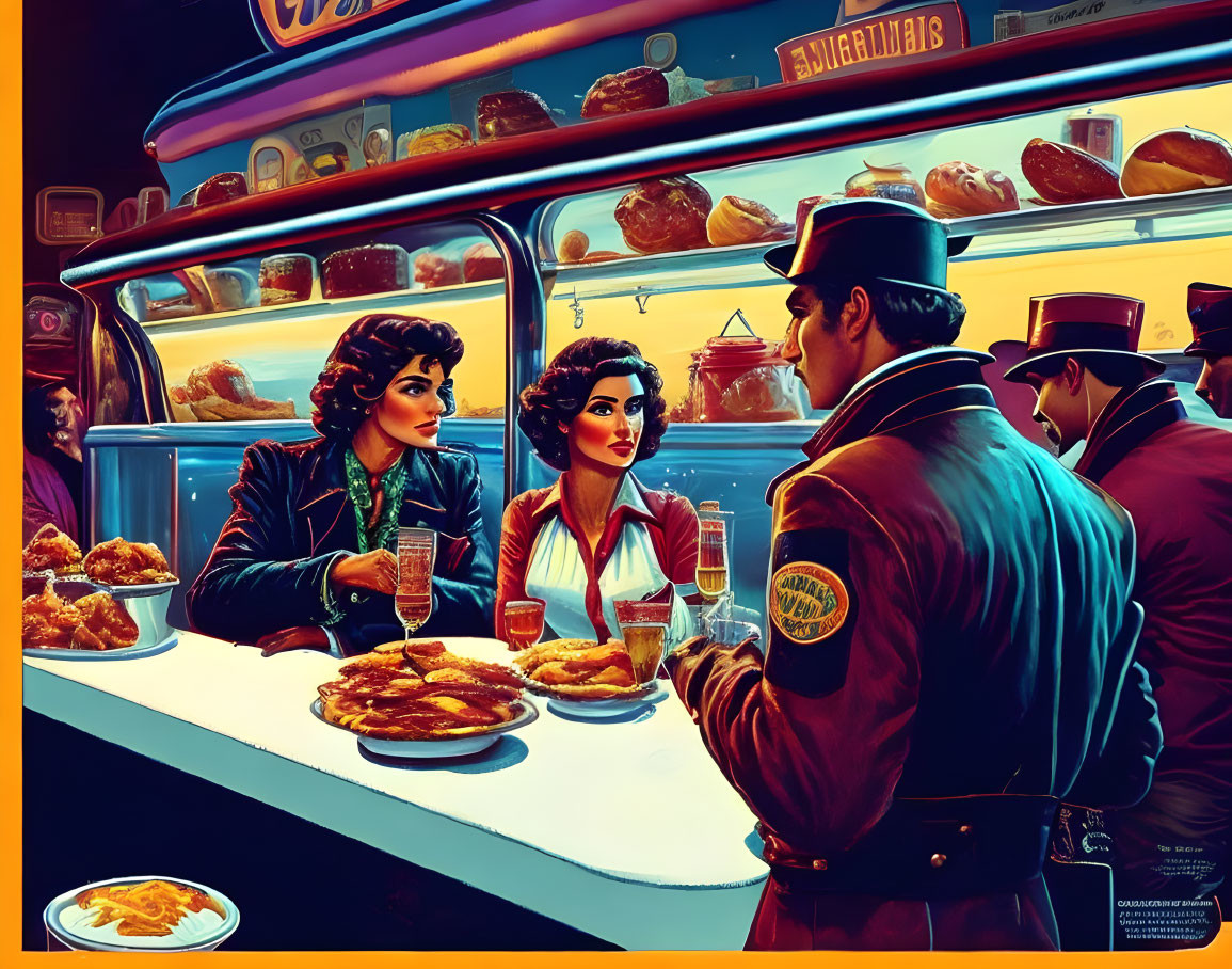 Colorful Retro-Style Diner Scene with Two Women and Waiter