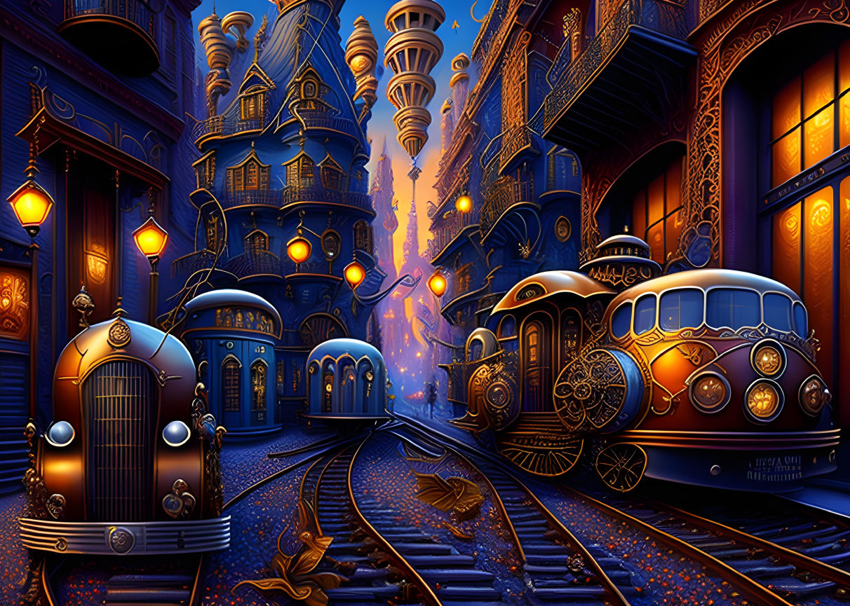 Fantastical Cityscape with Ornate Buildings and Futuristic Trains