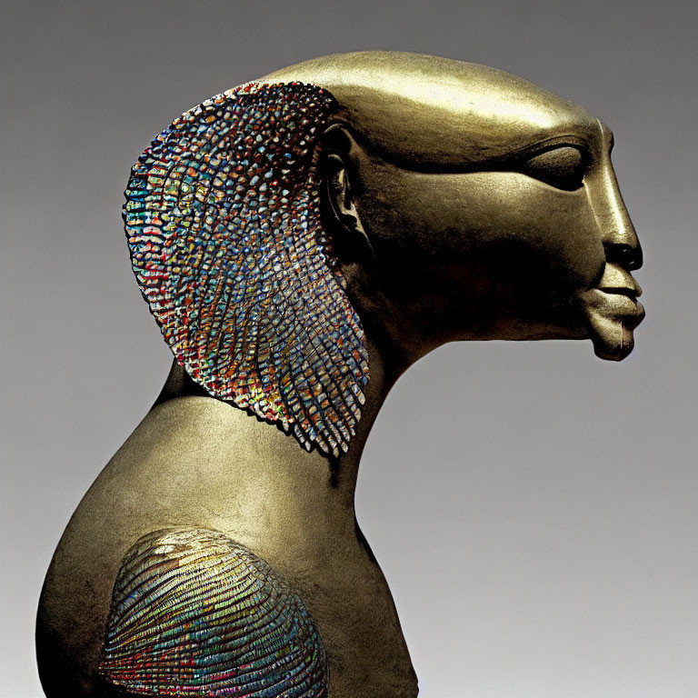 Stylized bust sculpture with mosaic headdress on neutral background