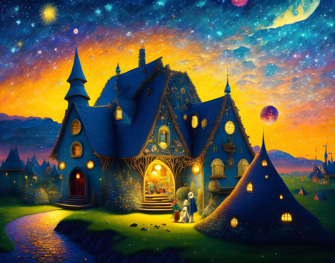 Illustration of Magical Night House with Glowing Windows