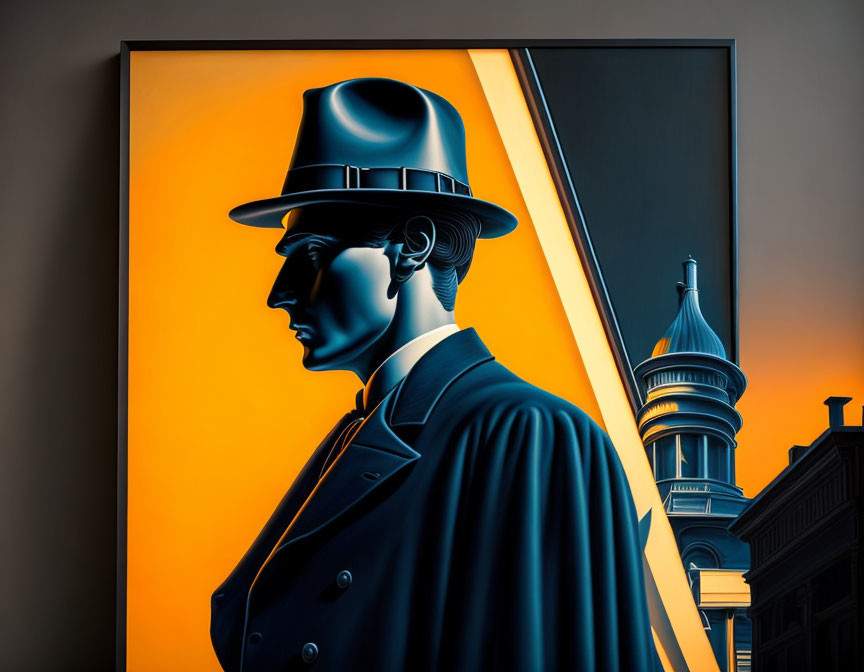 Stylized portrait of a man in suit and fedora hat with noir aesthetic and contrast of shadows