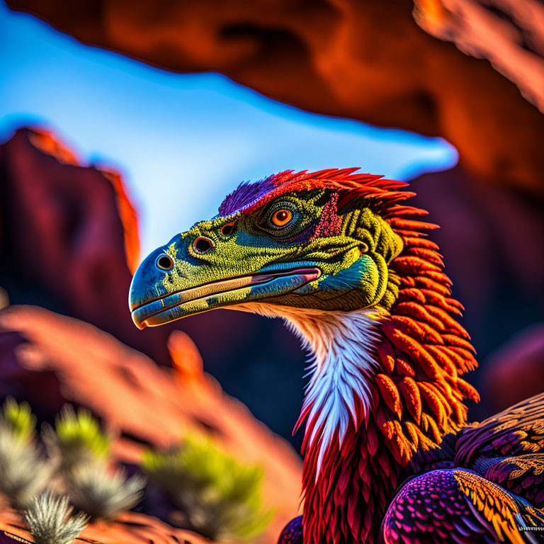 Detailed Dinosaur Puppet with Feather-Like Textures in Desert Scene