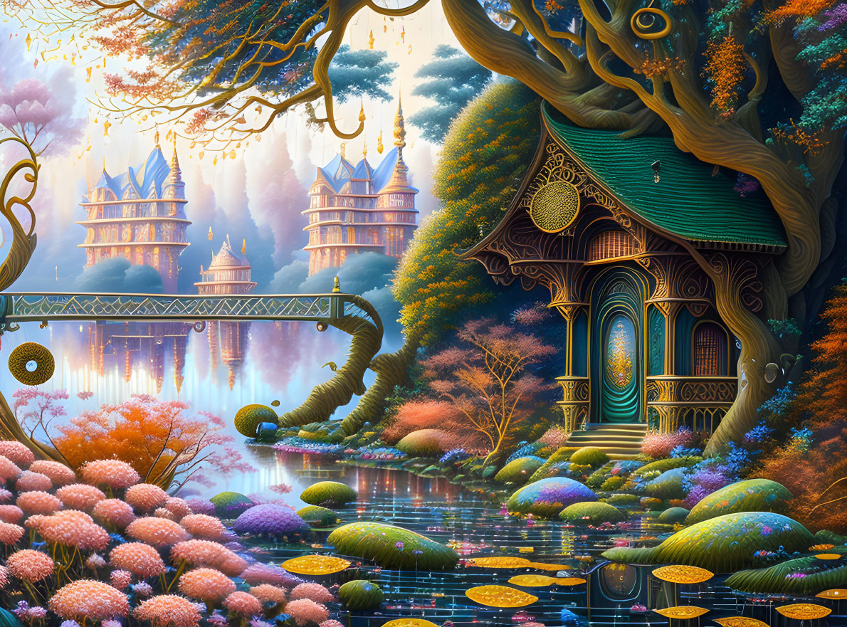 Fantasy landscape with vibrant foliage, treehouse, castles, misty river, lily pads