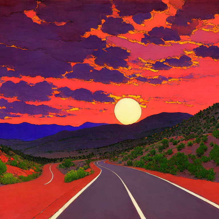 Colorful sunset illustration with yellow sun, purple and orange clouds, and winding road in hilly landscape