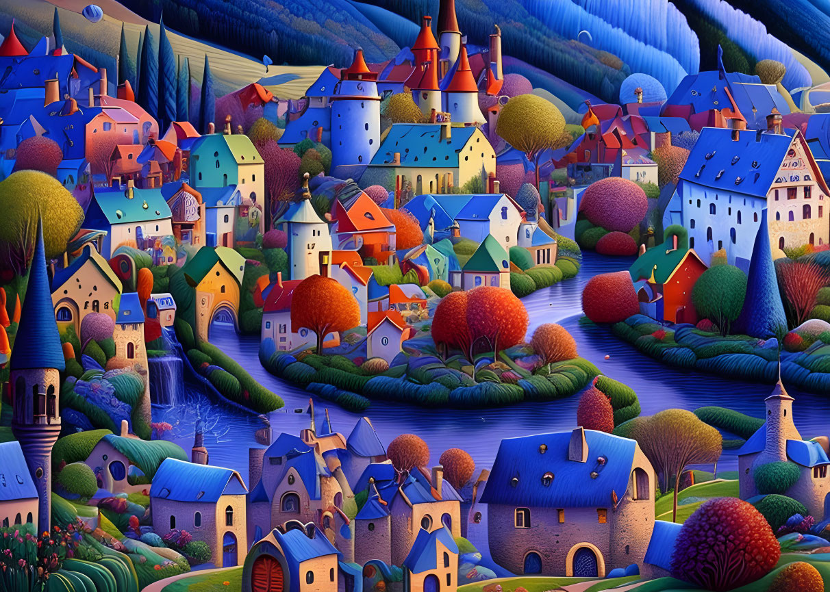 Colorful Illustration of Whimsical Village and Nature Scenery