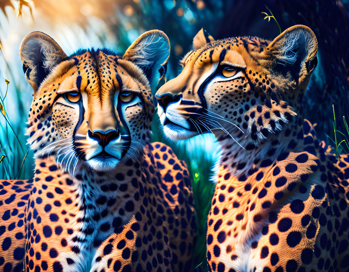 Vivid spotted cheetahs on blue-toned background