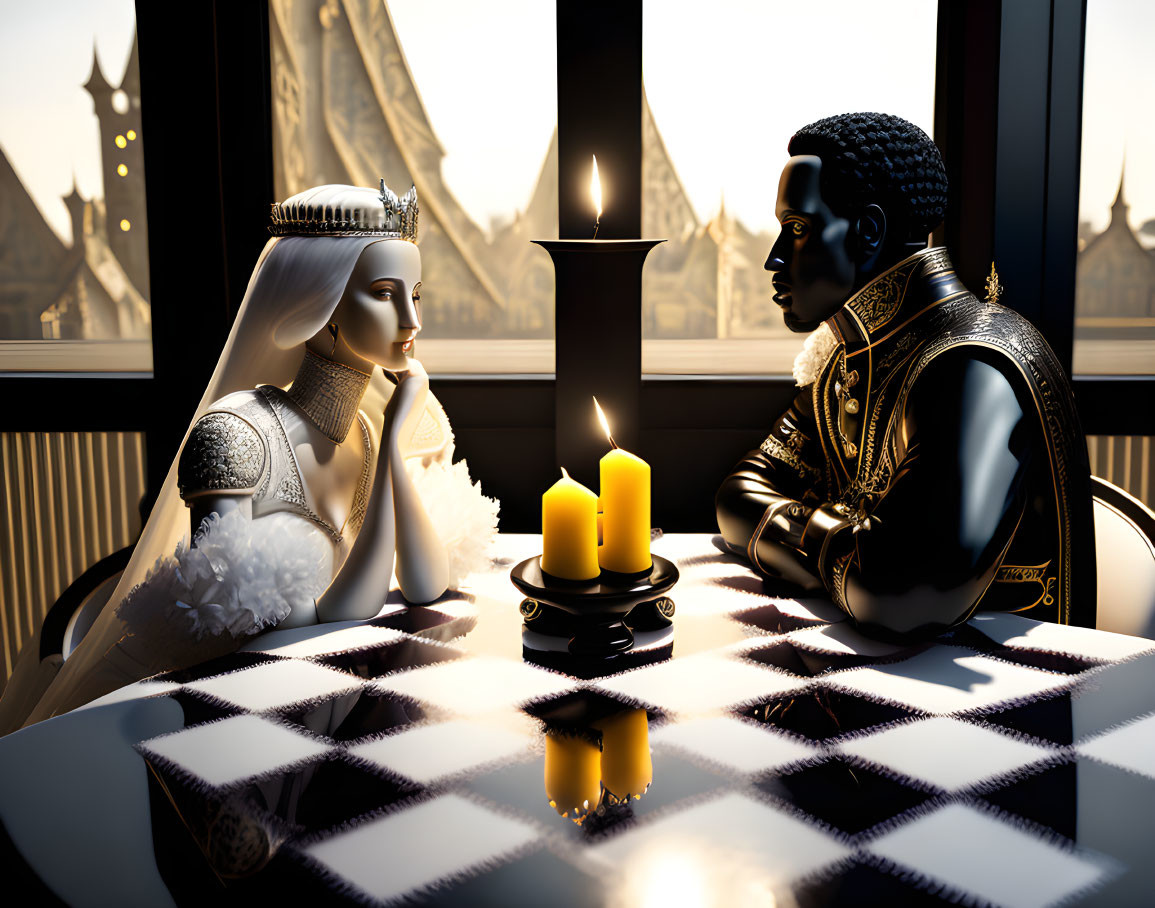 King and queen chess pieces personified in stylized depiction on chessboard with candles