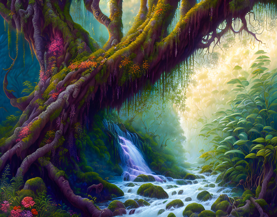 Lush forest scene with waterfall, vibrant flowers, ancient trees