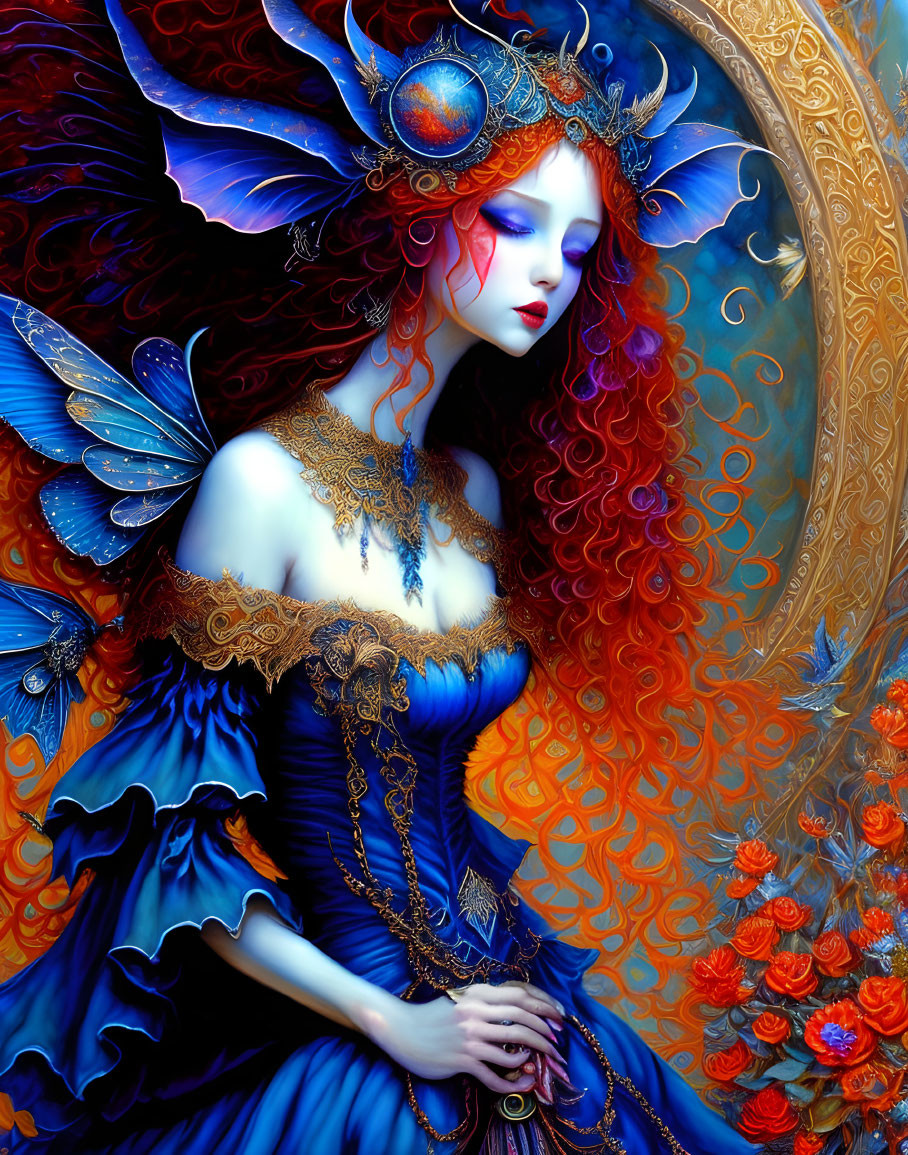 Fantasy figure with butterfly wings in ornate blue dress surrounded by intricate patterns and orange flowers