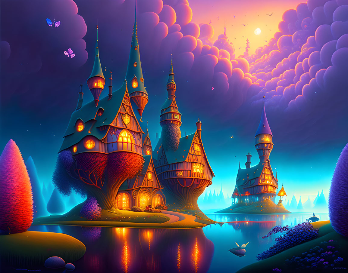 Fantasy landscape with whimsical castles, luminous flora, and hot air balloons at sunset