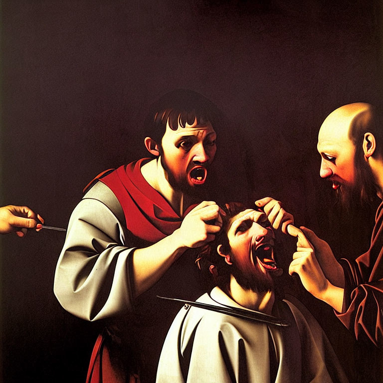 Dramatic painting of two men extracting a tooth