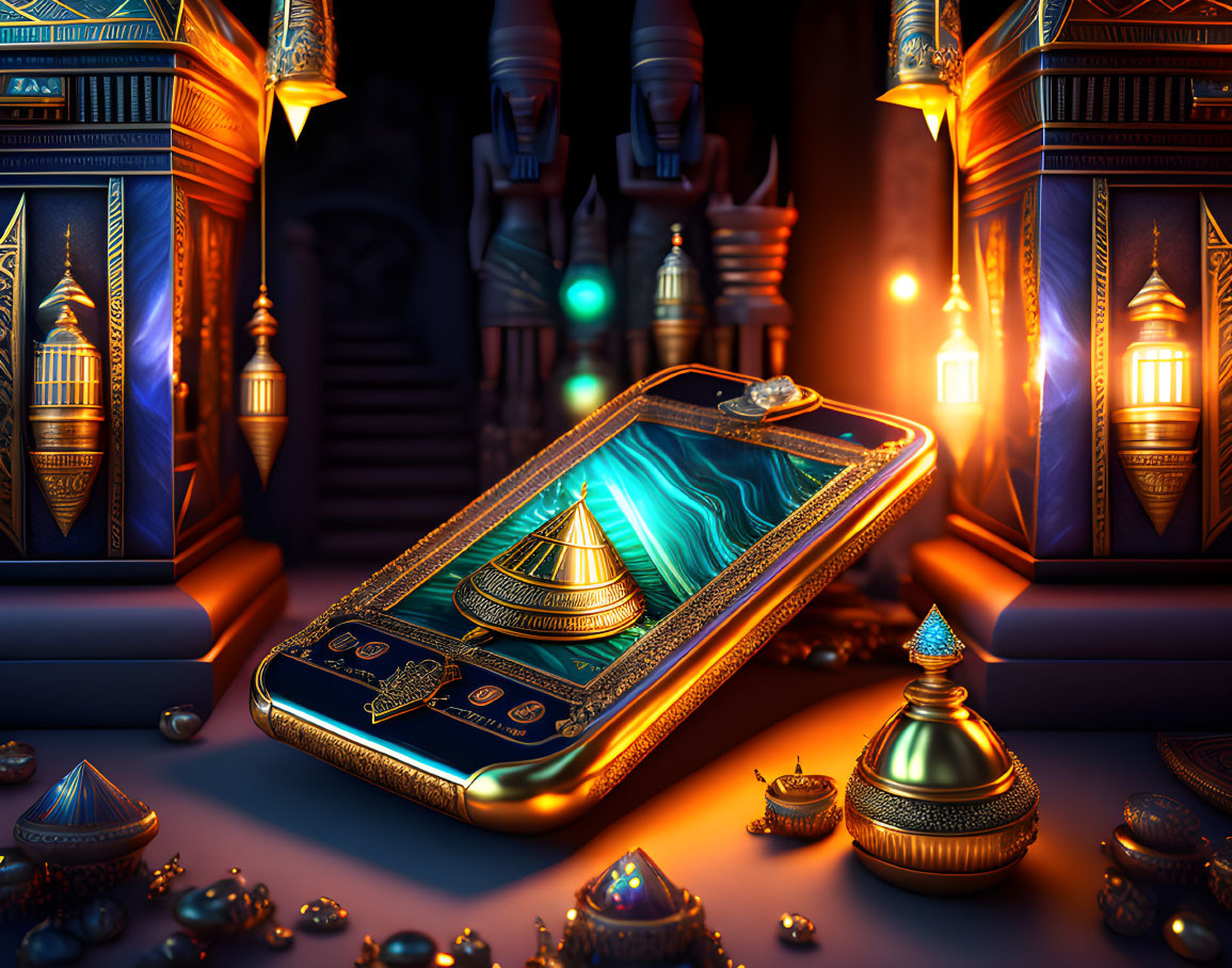 Stylized image of smartphone with ancient Egyptian design theme