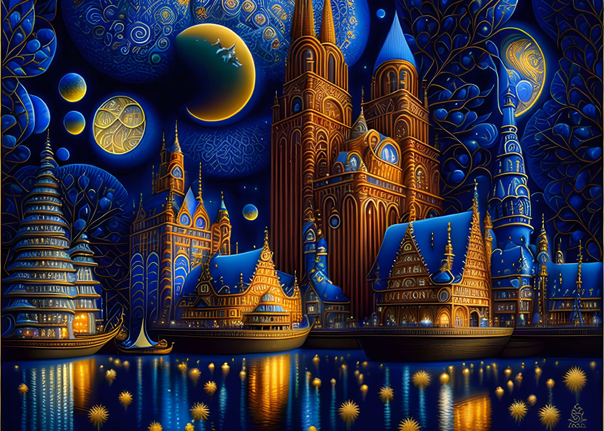 Fantastical nighttime scene with glowing blue buildings and cosmic backdrop