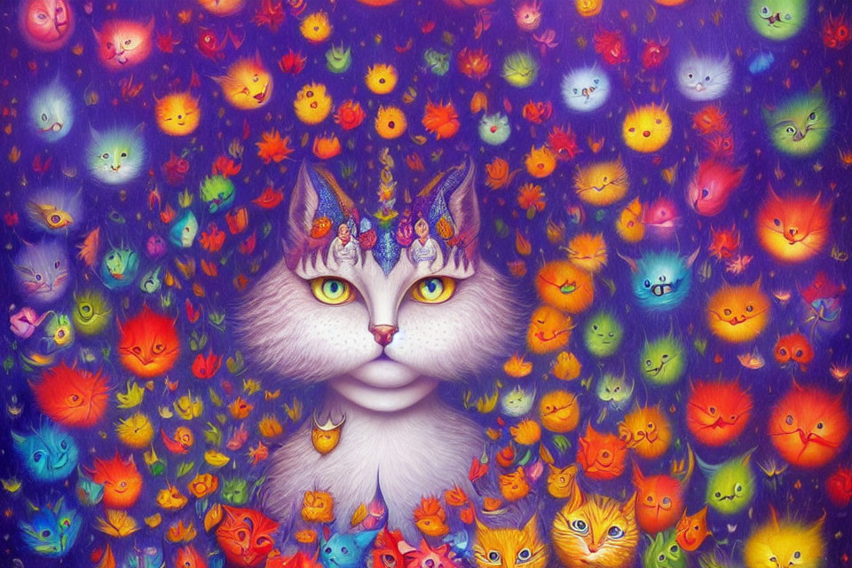 Colorful Large Cat Face Illustration Surrounded by Smaller Cats and Flowers on Purple Background