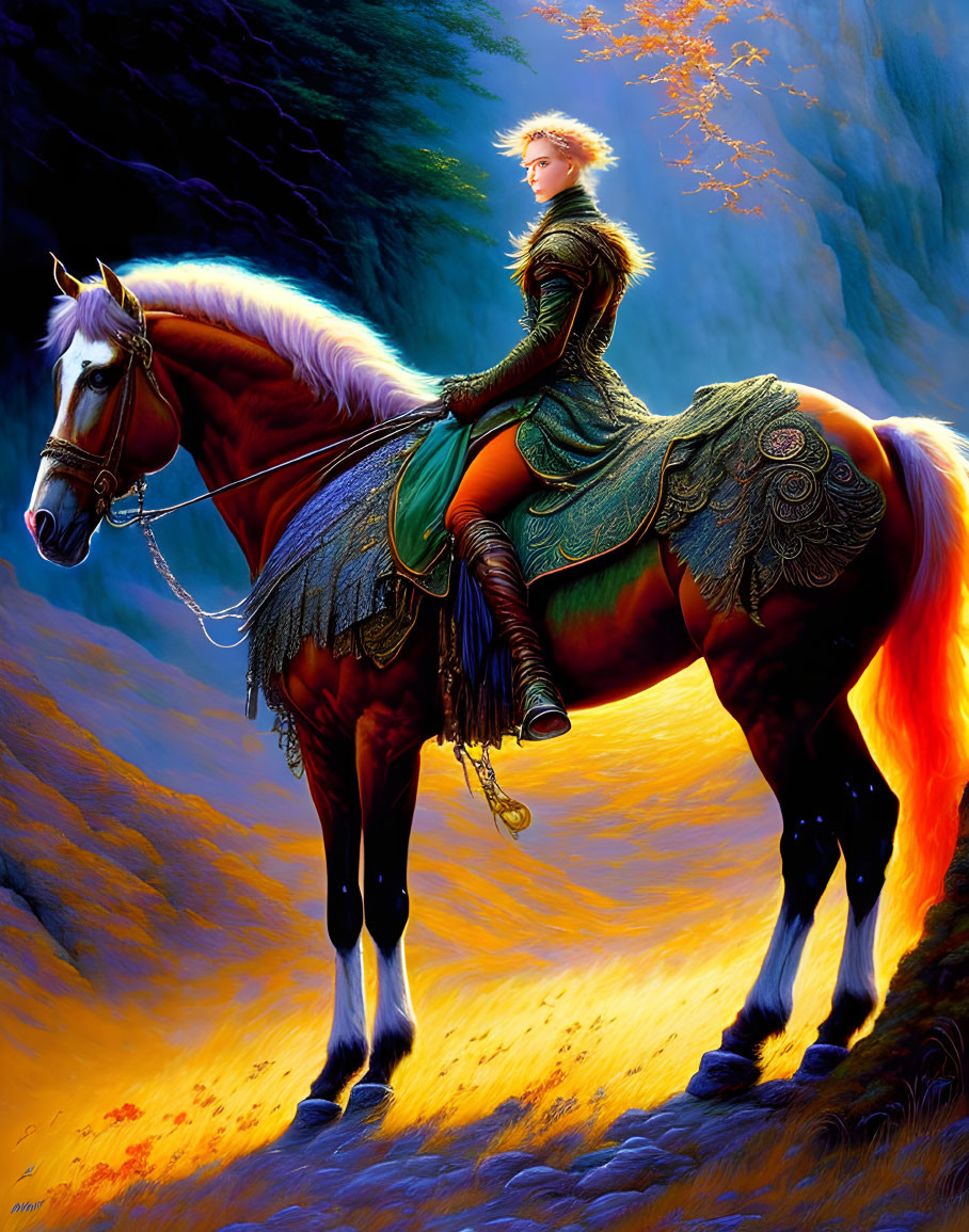 Fantasy illustration of person in green armor on majestic horse in mystical forest.